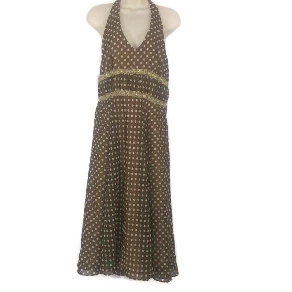 Julian Taylor Brown Gold Polka Dot Midi Halter